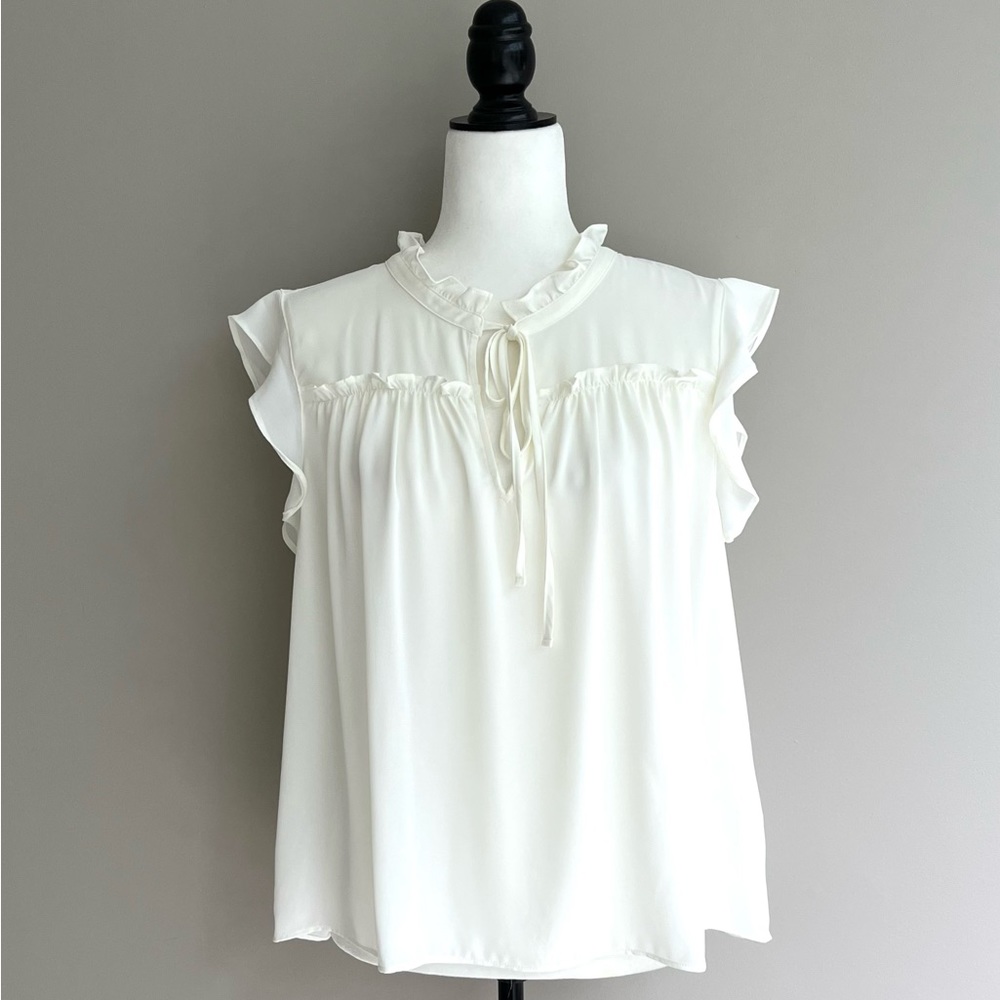 J. Crew Cream Ruffle Tie-Neck Cap Sleeve Blouse